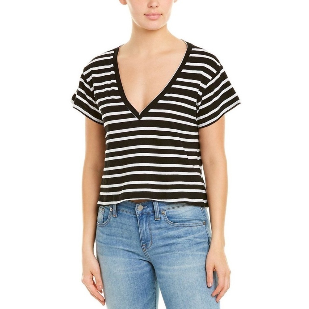 LNA Black White Stripe Essential Cotton Sparks V Neck Tee Short Sleeve Top Sz L